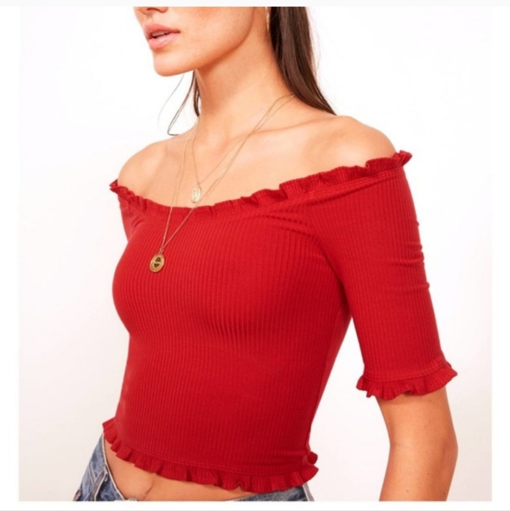 Reformation Red Off-Shoulder Ribbed Crop Top